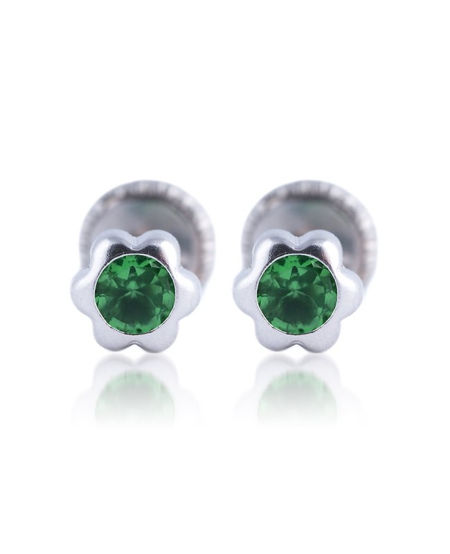 Cercei din aur alb 14k Floricele 5.5 mm cu piatra verde Cercei din aur